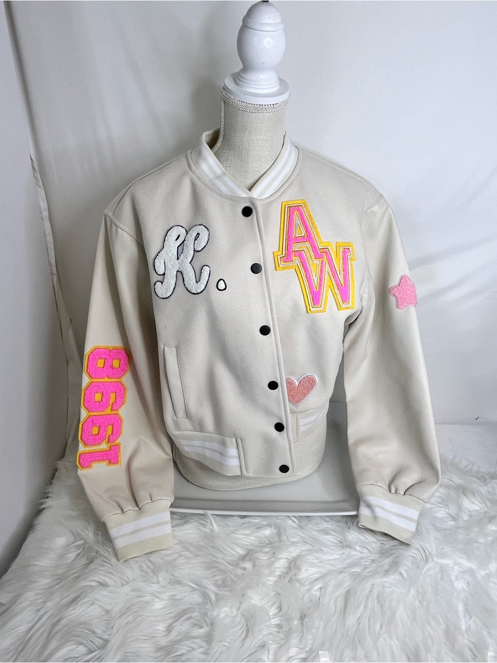 Cream Varsity Jacket with Pink & Yellow Patchwork - Picture 10 of 13